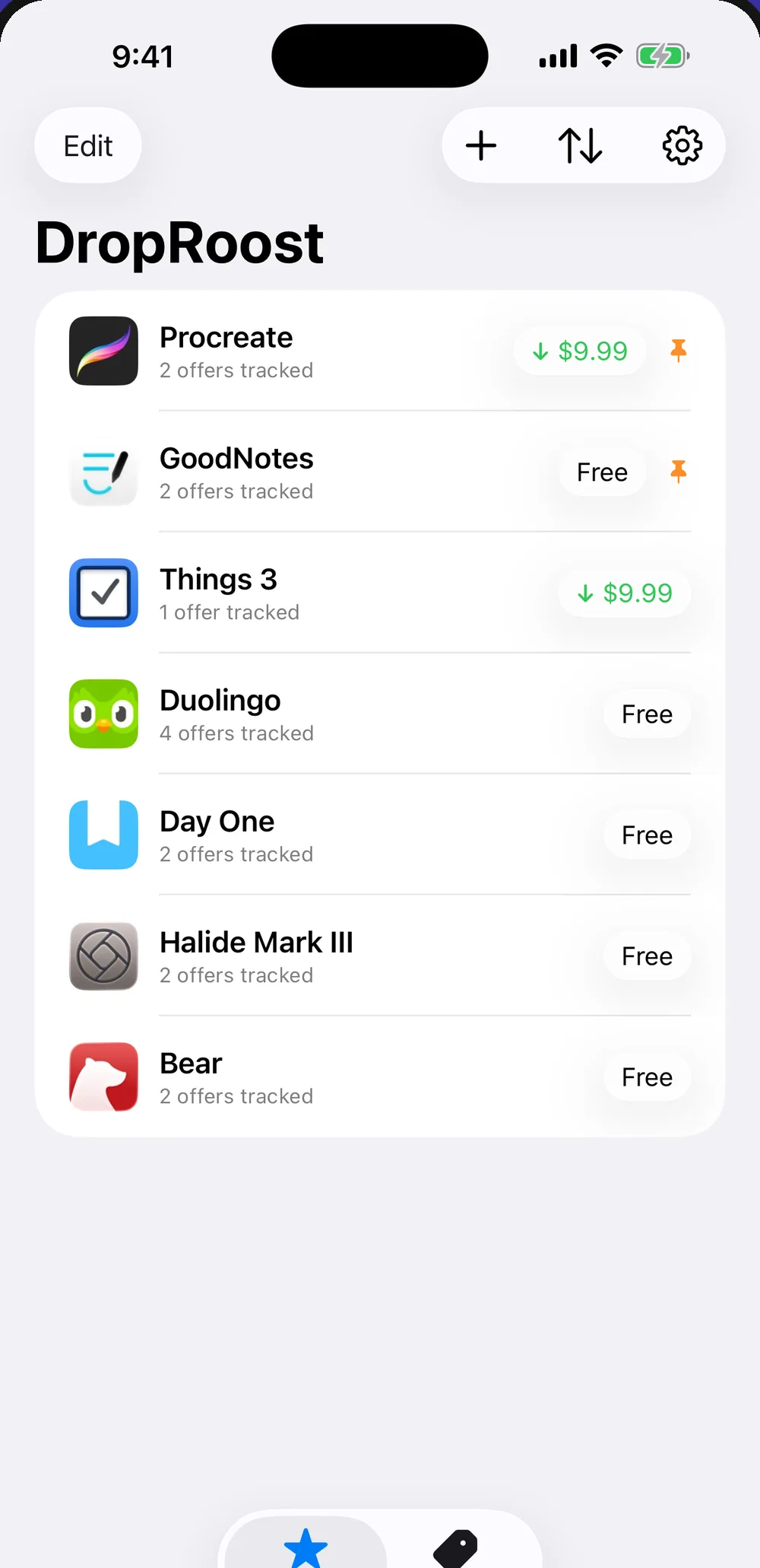 The DropRoost wishlist with tracked apps and their price drops